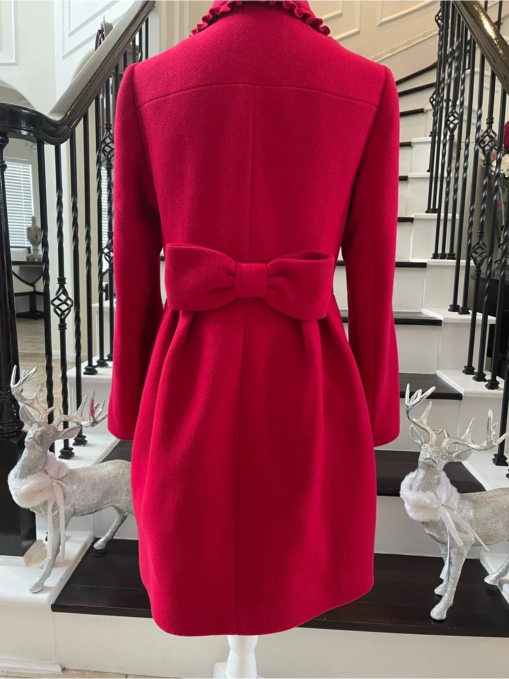 Kate Spade New York RUFFLE TRIM BOW BACK COAT IN CHARM RED